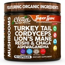 Organic Turkey Tail Mushroom Supplement Capsules | Lions Mane Cordyceps Reishi Chaga + Ashwagandha Stress Relief Nootropic Immunity Adaptogens Mood Support 90 Vegan Capsules By Clean Nutra