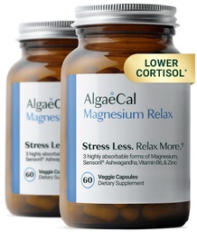AlgaeCal Magnesium Relax™ – Chelated Magnesium Glycinate 350mg with Sensoril Ashwagandha, Magnesium Supplement for Sleep & Stress, Cortisol Reducer for Women & Men, 60 Capsules (2 Packs)