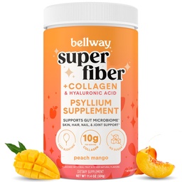 Bellway Super Fiber Powder + Collagen, Sugar-Free Psyllium Husk Powder with Collagen Peptides and Hyaluronic Acid for Digestive Health, Healthy Skin, Nails, Bones & Joints, Peach Mango (20 Servings)