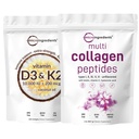 Micro Ingredients Multi Collagen Protein Powder 2lbs & Vitamin D3 10,000iu + K2 200mcg Coconut Oil Softgels Bundle 2 Pack | Grass-Fed Collagen Peptides | Essential Sunshine Vitamins