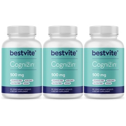 BESTVITE Cognizin Citicoline 500mg (180 Capsules végétariennes) (60x3) - Études cliniques Premium Choline Nootropic - Pas de stéarates - Vegan - Sans gluten - Suppléments Cerveau pour la Mémoire et la Focus