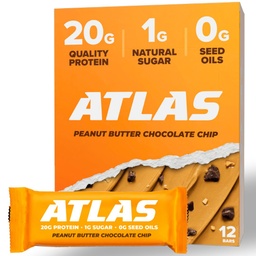 Atlas Bar – 20g de protéines, 1g de sucre, 0g d'huiles de graines, 0g d'édulcorants artificiels (Peanut Butter Chocolate Chip, 12 comte)