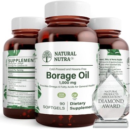 Supplément naturel d'huile de Borage – Riche en acide gamma-linolénique (GLA), un acide gras essentiel oméga-6 Potent connu pour soutenir la peau, le nerf et la santé articulaire 90 Softgels.