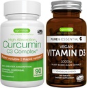 Vitamine végétalienne D3 + complexe de Curcumine C3 à absorption élevée, lot végétalien, 365 1000iu Comprimés Vitamine D3 + 300% Curcuminoïdes à absorption rapide, par Igennus