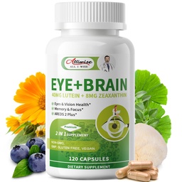 Suppléments Eye + Cerveau pour Mémoire et Focus, Lutein 40mg, Zeaxanthin, Astaxanthin, Bilberry, Lion, Lion, Bacopa Monnieri, Ginkgo Biloba, 14 en 1 Vitamines oculaires pour adultes et aînés 120 Capsules