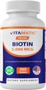 Biotine Vitamatique 5000mcg (5 mg) pour cheveux, peau et ongles plus forts - 365 comprimés végétaliens - également appelé vitamine B7