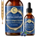 Biotine liquide et gouttes de collagène 20 000 mcg--High Potency Hair Growth Vitamine Support - Biotine et supplément de collagène liquide pour les femmes et les hommes - Glowing Skin Support, Healthy Hair & Nail Growth - 2 Fl Oz