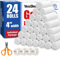 YesBes 24 Pack Gauze Rolls, 4 in x 4.1 Yards, Premium Gauze Wrap Roll for Wounds, Bandage Wrap Rolled Gauzes, Mummy Wraps, Individually Wrapped