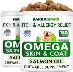 BARK&SPARK Omega 3 pour les chiens - 360 traitements à l'huile de poisson pour l'échouement des chiens, l'allergie cutanée, le soulagement des démangeaisons, le traitement des taches chaudes - Santé articulaire - Supplément de peau et de manteau - ADP et ADH Acides gras - Huile de saumon - Bacon
