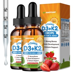 Vitamin D3 K2 Drops for Kids Liquid Vitamin D3 Supplement with Calcium, Omega 3, Zinc for Calcium Absorption Healthy Bones, Brain Development & Immune System, Non-GMO, Vegan, Strawberry Flavor 4 Fl Oz