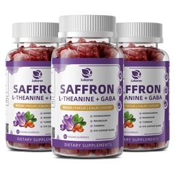 10-en-1 Safran Gummies Suppléments avec L-Theanine 200mg, GABA, Ashwagandha, Turmeric, Lutein, Zeaxanthin & Astaxanthin pour l'humeur, Focus & Eye Support Sugar Free, Vegan, Berry Flavor, 3 Pack