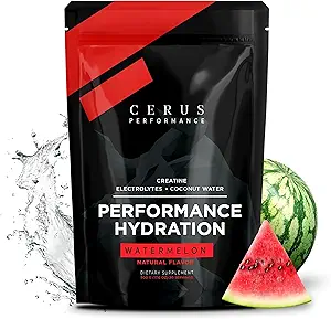 Cerus Performance - Performance Hydratation Poudre d'électrolyte – Arôme de pastèque, 5g de créatine monohydraté, 500mg de poudre d'eau de coco – supporte l'endurance, la récupération musculaire et les portions de kéto 30