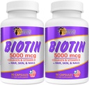 Sunshine Naturals Biotin Dietary Supplément. pour peau plus saine, cheveux plus épais, croissance des ongles. Collagène, vitamine A, B pour la perte de cheveux, beauté, renouvellement cellulaire, santé scalp. 5000 mcg. 90 Capsules. Boîte de 2