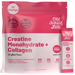 Old School Labs Creatine for Women – Post-Workout Supplement with 5000mg Creatine Monohydrate Powder, 2000mg Collagen & BCAA 2:1:1 for Strength Support & Recovery – Unflavored - 1 Ounce (Pack of 30)