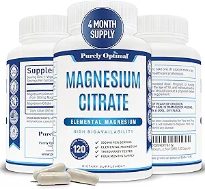 Citrate de magnésium purement optimal 500mg – supplément de magnésium pour la santé digestive, soulagement de constipation douce, soutien musculaire et du sommeil, calme et relaxation – haute absorption, 120capsules faciles à avaler