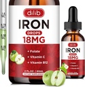 Supplément en fer liquide pour les femmes et les hommes Suppléments en fer pour l'anémie avec folate, vitamine C, B12 pour le soutien des globules rouges-arôme de pomme vert, 2 Fl Oz