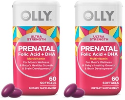 OLLY Ultra Strength Prenatal Multivitamin Softgels, Supports Healthy Growth, Brain Development, Iron, Folic Acid, DHA, Vitamins C, E, 30 Day Supply-60 Count (Pack of 2)