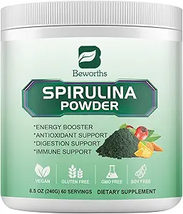 Poudre de Spiruline biologique, Jus de Poudre Super Verte et Mélange de Smoothie avec Spiruline, Chlorelle, Grasse de blé, Enzymes digestifs et probiotiques pour le soutien immunitaire, Digestion Santé - Vegan