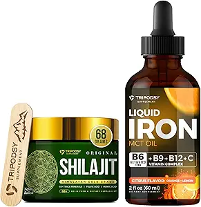 Supplément en fer liquide avec vitamines B6, B9, B12, C, Folate & MCT Oil (2 Fl Oz, Citrus) + Résin pur Himalayan Shilajit 600mg pour le soutien immunitaire et l'énergie (68g)