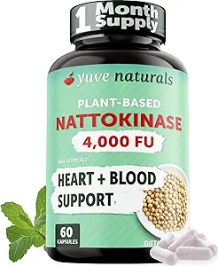 Yuve Nattokinase 4000 FU, Supplément de nattokinase pour le soutien de la santé cardiovasculaire - Diluant de sang naturel - Enzyme de natokinase de l'extrait de natto, sans sucre, sans vitamine K - 60 pilules, fabriqués aux États-Unis