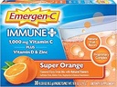Emergen-C Immune+ 1000mg Poudre de vitamine C, avec vitamine D, zinc, antioxydants et électrolytes pour l'immunité, supplément de soutien immunitaire, Super Orange Flavor - 30 comte/1 mois d'approvisionnement