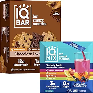 IQBAR Cerveau et corps Keto Protein Bars - 12 Nombre Chocolat Lovers Variété Faible Carb, Vegan Bars & IQMIX Sucre sans électrolyte Packs de poudre - 8 Compte Sampler Pack Keto Electrolytes avec Lions Mane