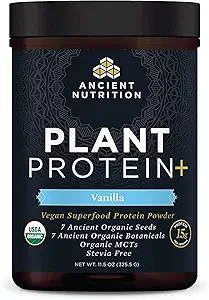 Ancient Nutrition Protéines végétales organiques +, Poudre végétale de protéines, Vanille, Formulé par Dr. Josh Axe, Sans lait, Sans gluten, Non-OGM, Pas de sucre ajouté, Paleo Friendly Supplément 11.5 oz