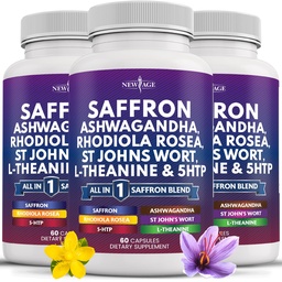 NEW AGE Saffron Supplements with Ashwagandha - Support with L-Theanine, Ginkgo Biloba, St. John's Wort, Rhodiola Rosea & 5-HTP - Saffron 180 Count