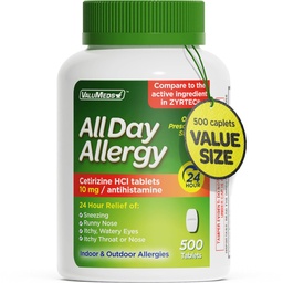 ValuMeds 24-Hour Allergy Medicine Antihistamine for Pollen, Hay Fever, Dry, Itchy Eyes, Allergies | Cetirizine HCl 10mg Caplets, Compare to Leading Brand (500 Count)