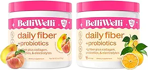 Belli Welli Daily Fiber Supplement Bundle with Collagen, Probiotics & Electrolytes – Peach Mango & Orange Yuzu Mandarin Flavors – Supports Digestion, Gut Balance & Débloquer – 32 Serviettes Total
