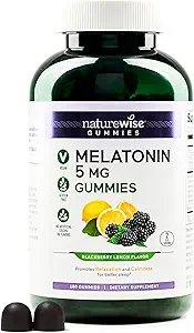 NatureWise Melatonin Gummies 5mg - Supplément de soutien de sommeil non-habitant avec Ashwagandha, racine valériane - BlackBerry-Lemon Flavor - Vegan, sans gluten, non-OGM - 180 comtes[90-jour]