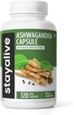 STAY ALIVE Ashwagandha avec poivre noir, 10:1 extrait, 120 pilules, 100% poudre de racine pure, capsules de force supplémentaire, sans OGM et sans gluten Ashwagandha suppléments pour les femmes et les hommes
