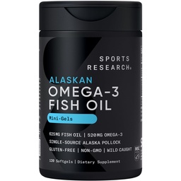 Recherche sportive Huile de poisson Mini-Softgels - Facile à avaler Omega-3 Acides gras de l'Alaska prise sauvage Pollock - 625mg, 120 Softgels