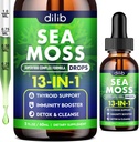 Irish Sea Moss Liquid Drops: 13 en 1 avec de l'huile de graines noires, Ashwagandha, Tumeric, Multiminéral, Vitamine C, E, Support pour Gut Heath Energy Skin Immune Support & Cheveux pour les femmes et les hommes, 2 Fl Oz, Vegan