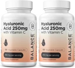 Supplément d'acide hyaluronique pur 250mg avec vitamine C 50mg, 120 Capsules Vegan - Hydratation de la peau pour Glow naturel, cheveux, ongles, os et formule de santé articulaire