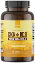 Rhythme naturel Vitamine D3 + K2 (MK7) Plus Vitamine A, pour la santé des os, du coeur et des immunes, 30 Capsules