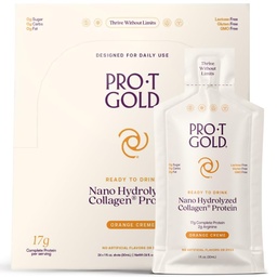 ProT Gold Collagen Protéines de collagène liquide, 17g Protéines claires Nano-Hydrolyzed Grass Collegen, 2g Arginine pour le soutien des plaies, sans gluten, sans sucre, 0g Carbes, crème orange, 1 fl oz, 24 Pack