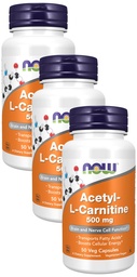 Suppléments MAINTENANT, acétyl-L Carnitine 500 mg, acide amino, fonction des cellules cérébrales et nerveuses*, 50 gélules (paquet de 3)