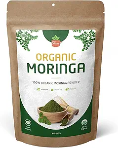Poudre de feuille de Moringa bio – Superfood vert certifié USDA – L'énergie naturelle et le soutien immunitaire – végétalien, non-OGM, sans gluten – Moringa cru pur pour les smoothies, les thés, la cuisson – 8 oz Poche refermable