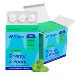 Neuro Energy & Focus Gum, Extra Strength - 100mg Natural Caffeine Gum & Nootropic Energy Supplement with L-Theanine & B Vitamins - Sugar Free, Vegan - Spearmint, 54ct