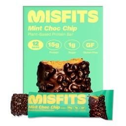 Misfits Vegan Protein Bars - Mint Chocolate Chip | Nutrition Bars - 15g Protein, 1g Sugar, Plant-based, Low Carb, Non-GMO, Gluten Free Snacks | Pack of 12
