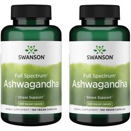 Supplément en poudre de Swanson Ashwagandha - avec racine d'Ashwagandha pour promouvoir le stress et l'énergie - Supplément ayurvédique pour le bien-être naturel (100 capsules, 450mg chacune) 2 Pack