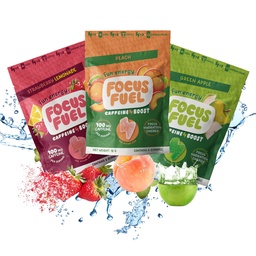 FocusFuel Energy Chews – Taille de l'essai Boîte d'échantillons variétale (9 portions) – 100mg Caféine + Alpha GPC + L-Theanine + B12, Magnésium – Pêche, pomme verte, citronnade de fraise – Pas de crash ou de jitters