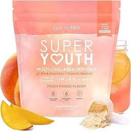 SkinnyFit - Collagène Super Jeunesse pour Femmes - Poudre de Peptides Multi Collagène - Probiotiques, Fibre, Acide Hyaluronique - Non OGM, sans gluten, sans sucre - Beauté et Self Care - Peach Mango (28 portions)