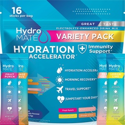 HydroMATE Électrolyte Powder Pack de variétés Hydratation Packs Faible sucre 16 Compte