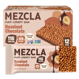 Mezcla Puff-Crispy Plant Based Protein Bars - Hazelnut Chocolate - Healthy Snacks for Adults & Hazelnut Spread Fans - School & Office Snacks - Gluten Free, Vegan, Non GMO, 10g Protein - 12 Count