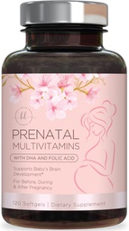 Vitamines prénatales pour les femmes avec acide folique et ADH, Soutien au développement du cerveau foetal avec folate et Oméga 3, Multivitamine avec vitamine A, C, D, B6, B12 et Fer, Supplément grossesse - 120 Softgels
