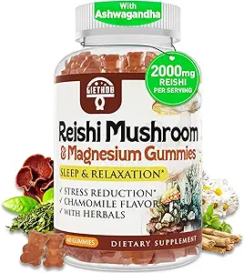 Gummies de champignons Reishi, Suppléments de cortisol pour les femmes et les hommes, avec Extrait de champignons Reishi, Ashwagandha, Magnésium, Mélange de plantes de relaxation pour le repos, Calme, Immune et énergie, Vegan, 60 Gummies