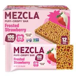Mezcla Puff Crispy Protein Bars, Gluten Free & Vegan Protein Bars, 10g Protein, Alt for Crispy Rice Treat, Granola Bars & Breakfast Bars, Healthy Snacks for Adults, Frosted Strawberry, 12 Bars