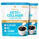 VitaCup Keto + Collagen Cafe Creamer Vanilla Flavor w/MCT, Collagen Protein, Eau de coco, L-Theanine pour la diète de Keto, Café, Smoothies, & Shakes, Sans lait, Sans gluten, Sans soja, 2 sacs, 10 oz chacun